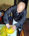 Dexter shows us how he shaves his head using the pumpkin